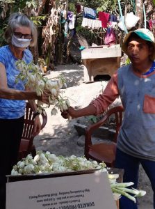 llevando alimentos durante cuarentena en El Salvador: Como agradecimiento, David Luna le da a Ann un poco de Flor de Izote, la flor nacional de El Salvador, que crece en yuca gigante (Cortesía de Ann Greig / El Salvador).
